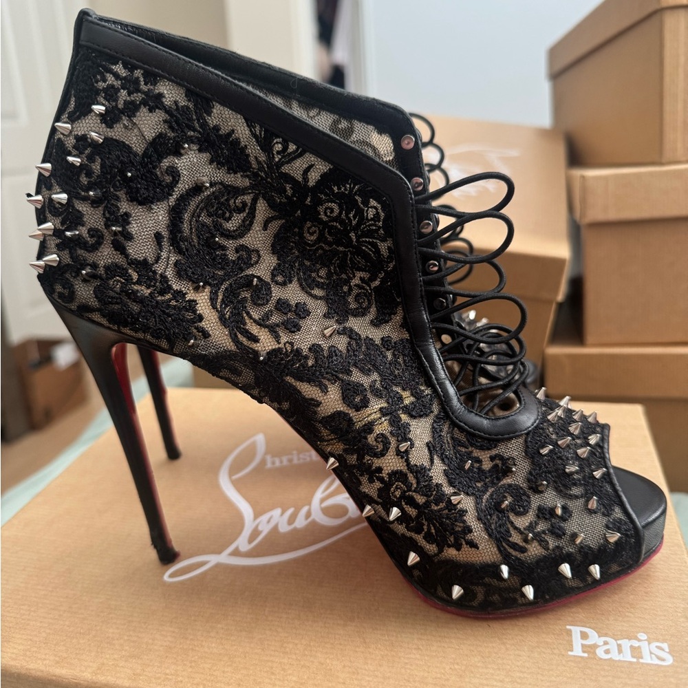Christian Louboutin Black Lace Spiked Booties 38.5 | Red Bottom Heels